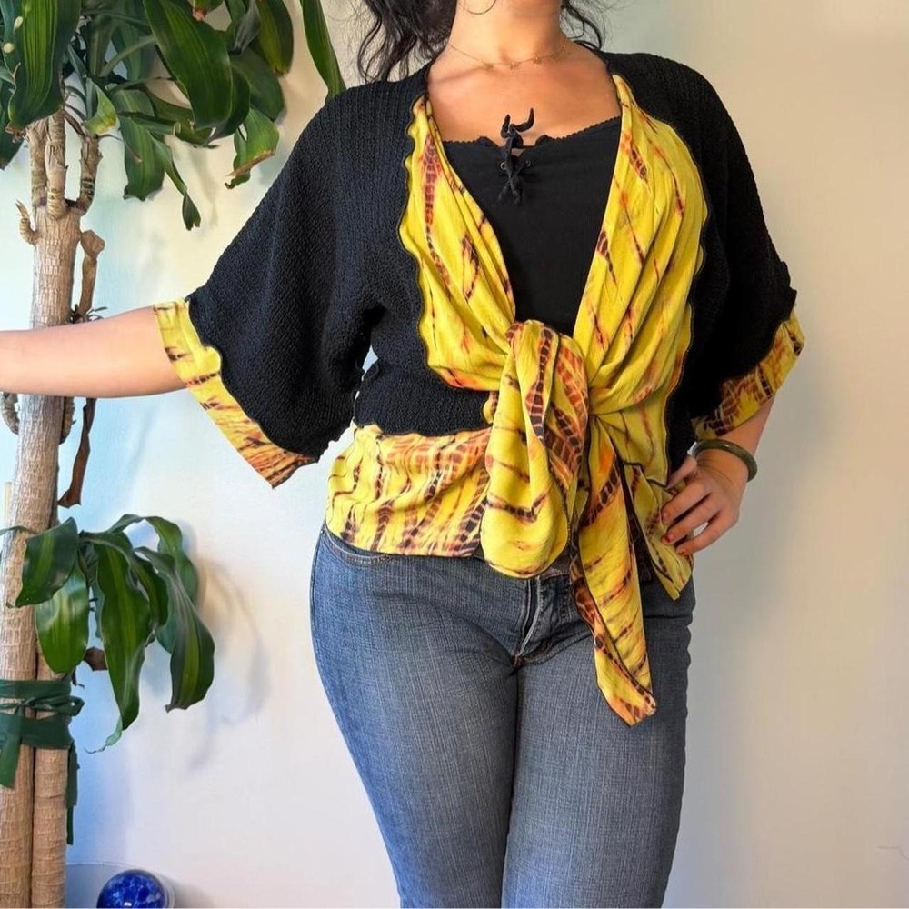 Boho Whimsygoth Yellow Black Tie Dye Kimono Shrug Bell Sleeve Cardigan Small